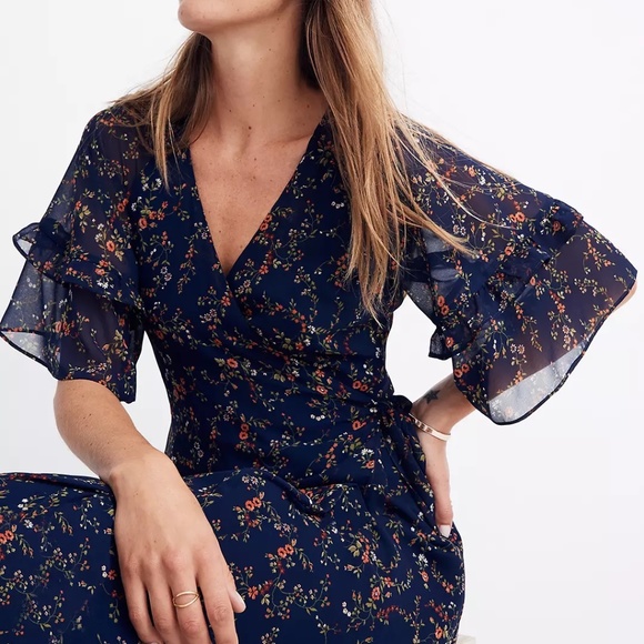 Madewell Vervain Ruffle-Sleeve Wrap Dress in Moonless Floral Size XS - Picture 10 of 11